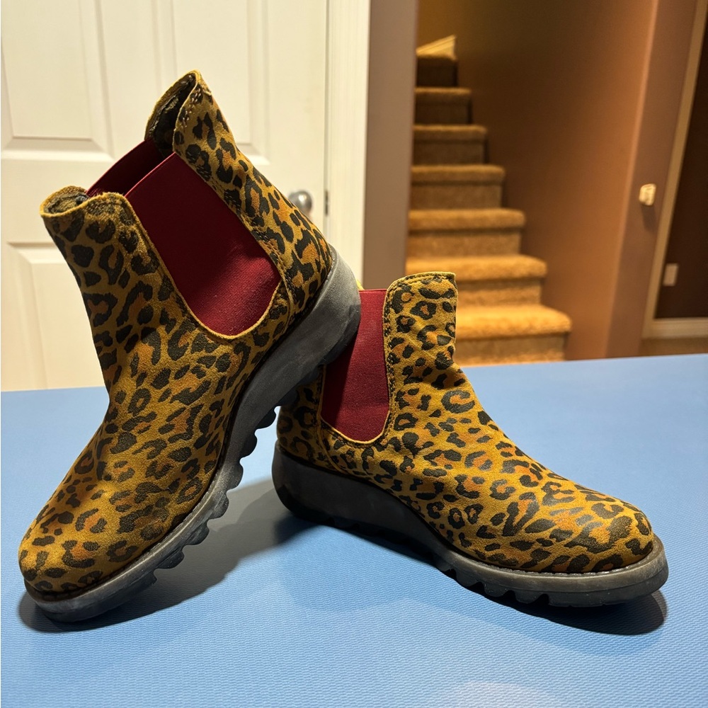 Fly London Leopard Print Ankle Boots with Red Panels